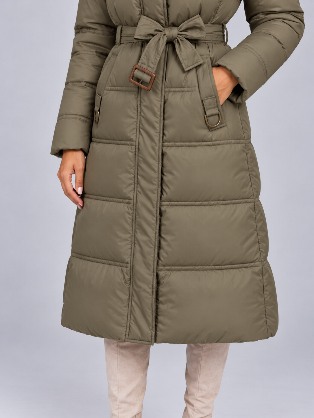 Women's Long Belted Puffer Coat | Faux Fur Collar