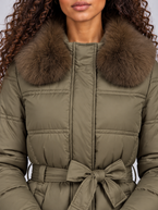 Women's Long Belted Puffer Coat | Faux Fur Collar
