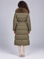 Women's Long Belted Puffer Coat | Faux Fur Collar
