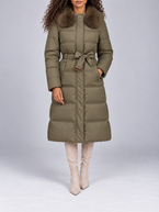 Women's Long Belted Puffer Coat | Faux Fur Collar