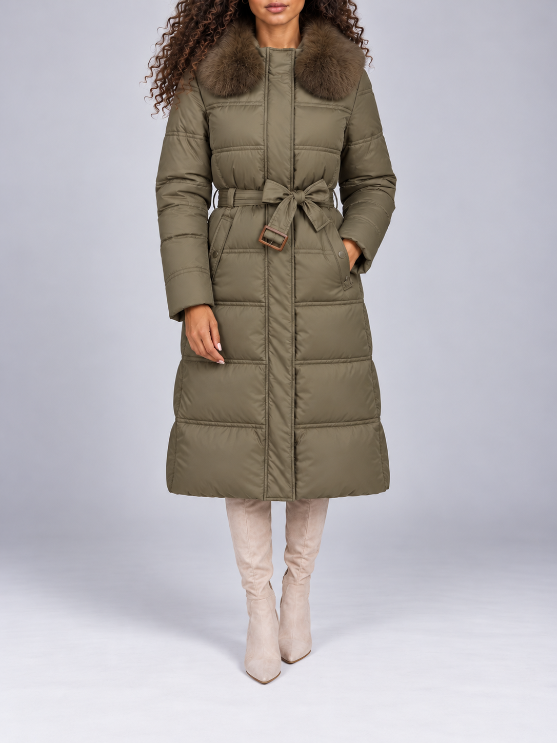 Women's Long Belted Puffer Coat | Faux Fur Collar