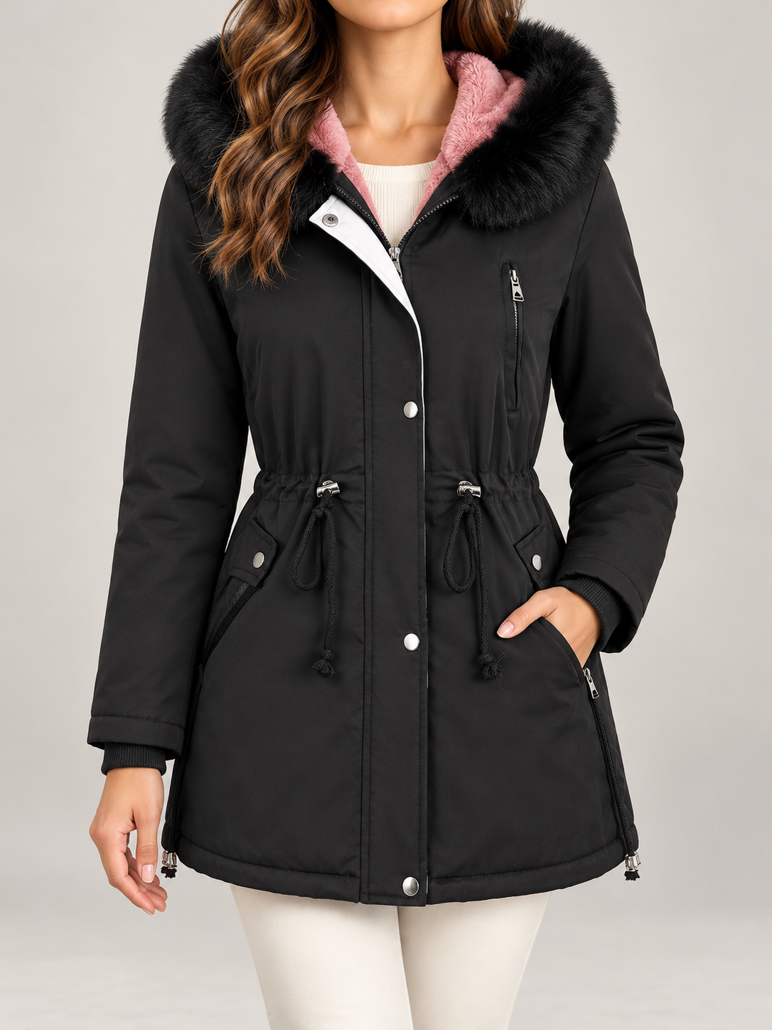 Women's Fleece Lined Hooded Parka | Faux Fur Trim, Drawstring Waist