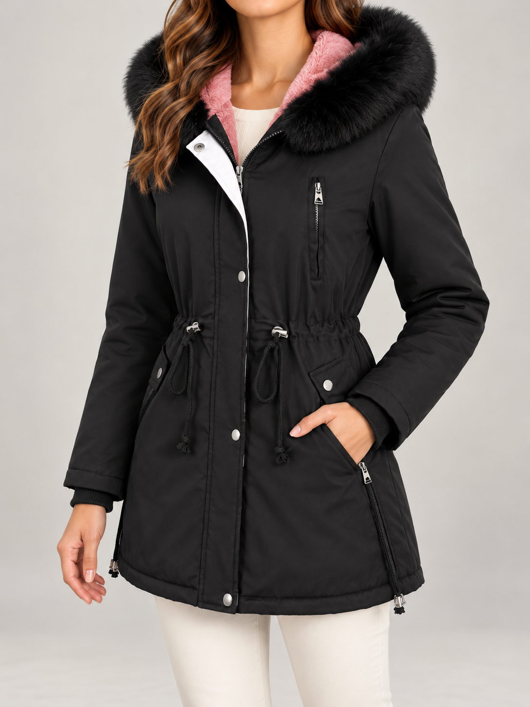 Women's Fleece Lined Hooded Parka | Faux Fur Trim, Drawstring Waist