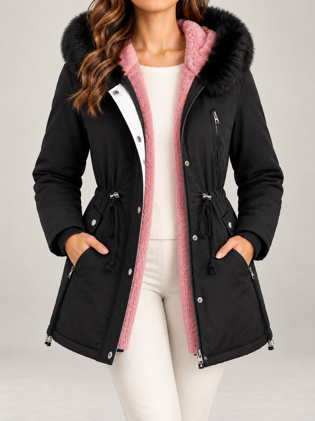 Women's Fleece Lined Hooded Parka | Faux Fur Trim, Drawstring Waist