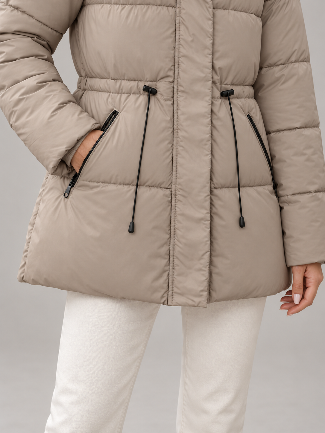 Women's Hooded Puffer Jacket | Drawstring Waist, Zip Pockets