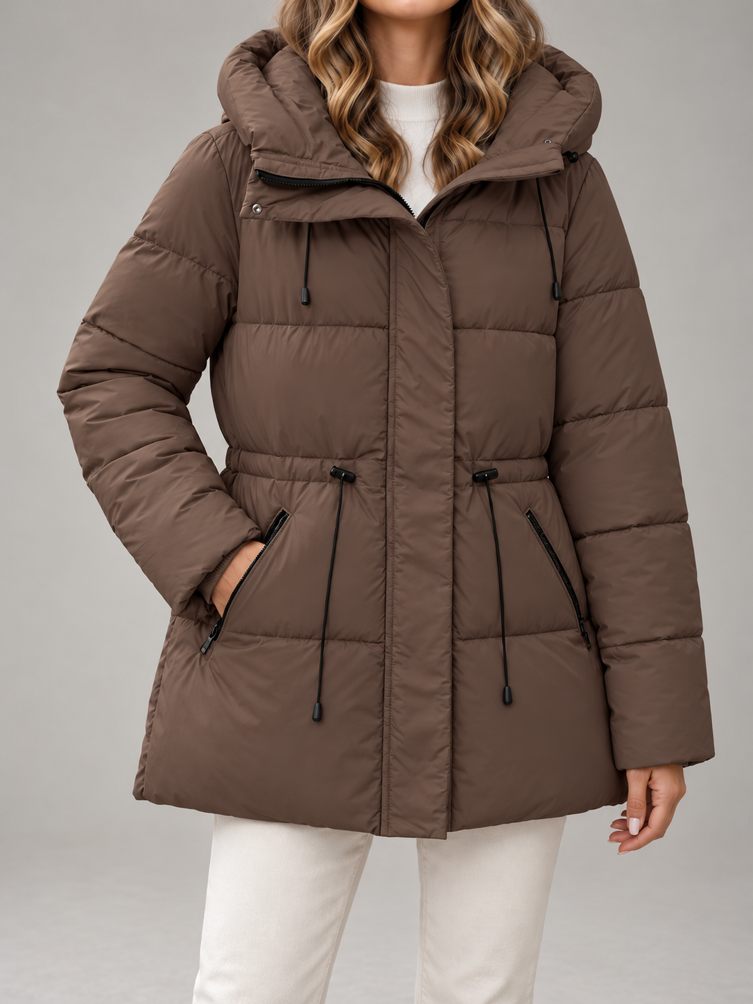 Women's Hooded Puffer Jacket | Drawstring Waist, Zip Pockets
