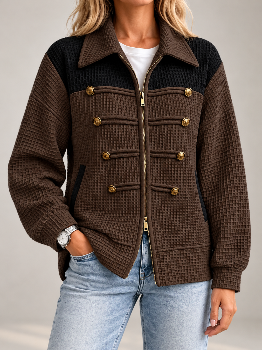 Women's Waffle Knit Military Jacket | Zip Front, Button Detail