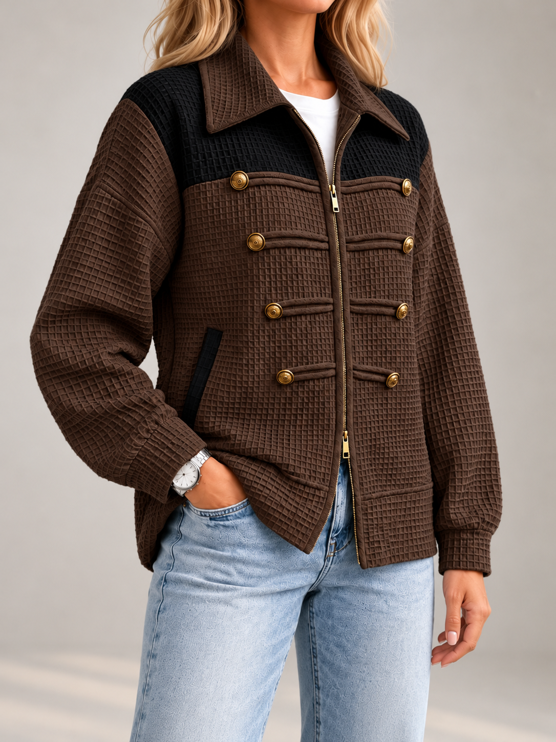Women's Waffle Knit Military Jacket | Zip Front, Button Detail
