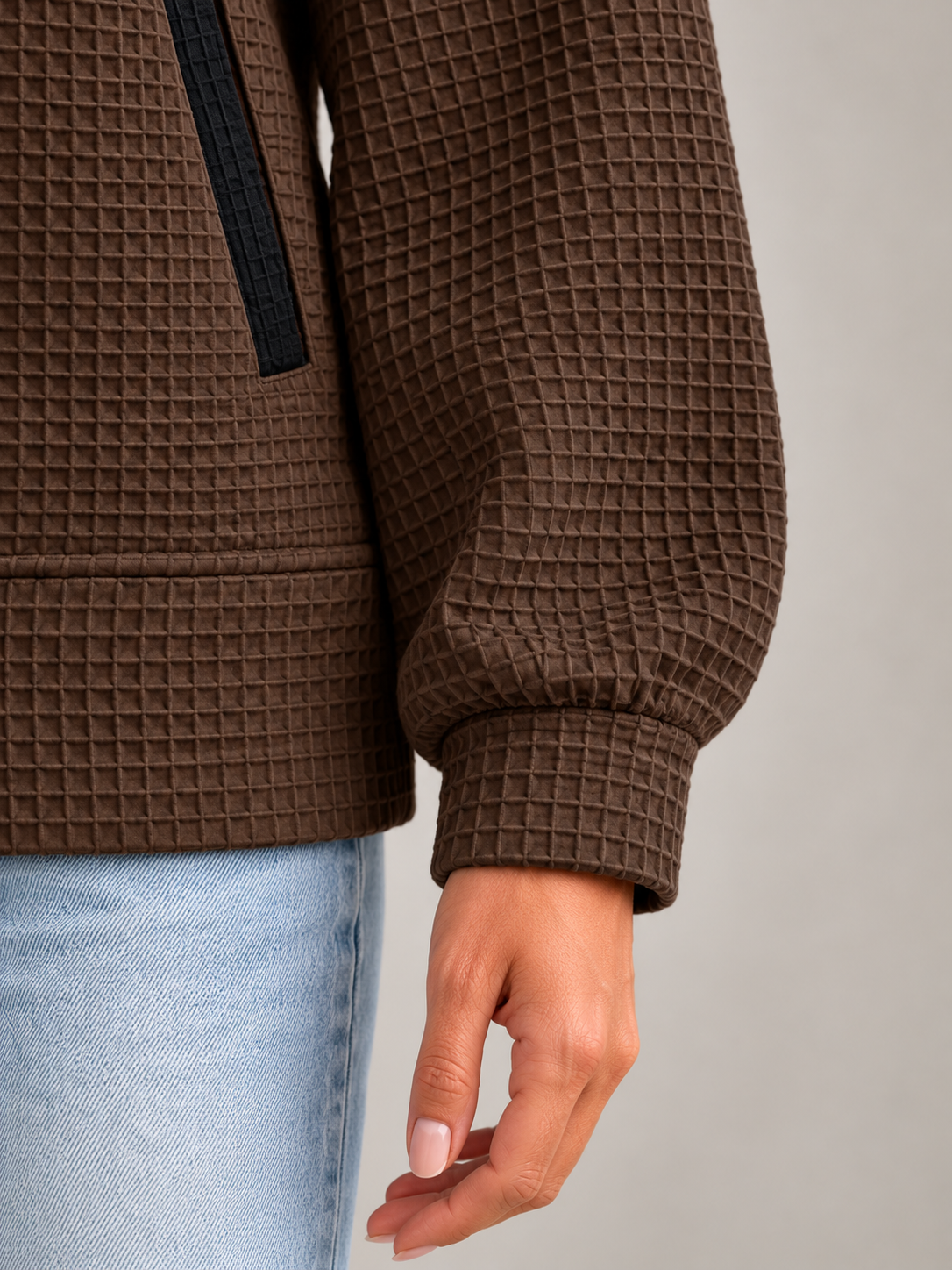 Women's Waffle Knit Military Jacket | Zip Front, Button Detail