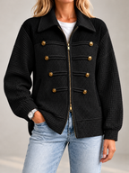 Women's Waffle Knit Military Jacket | Zip Front, Button Detail