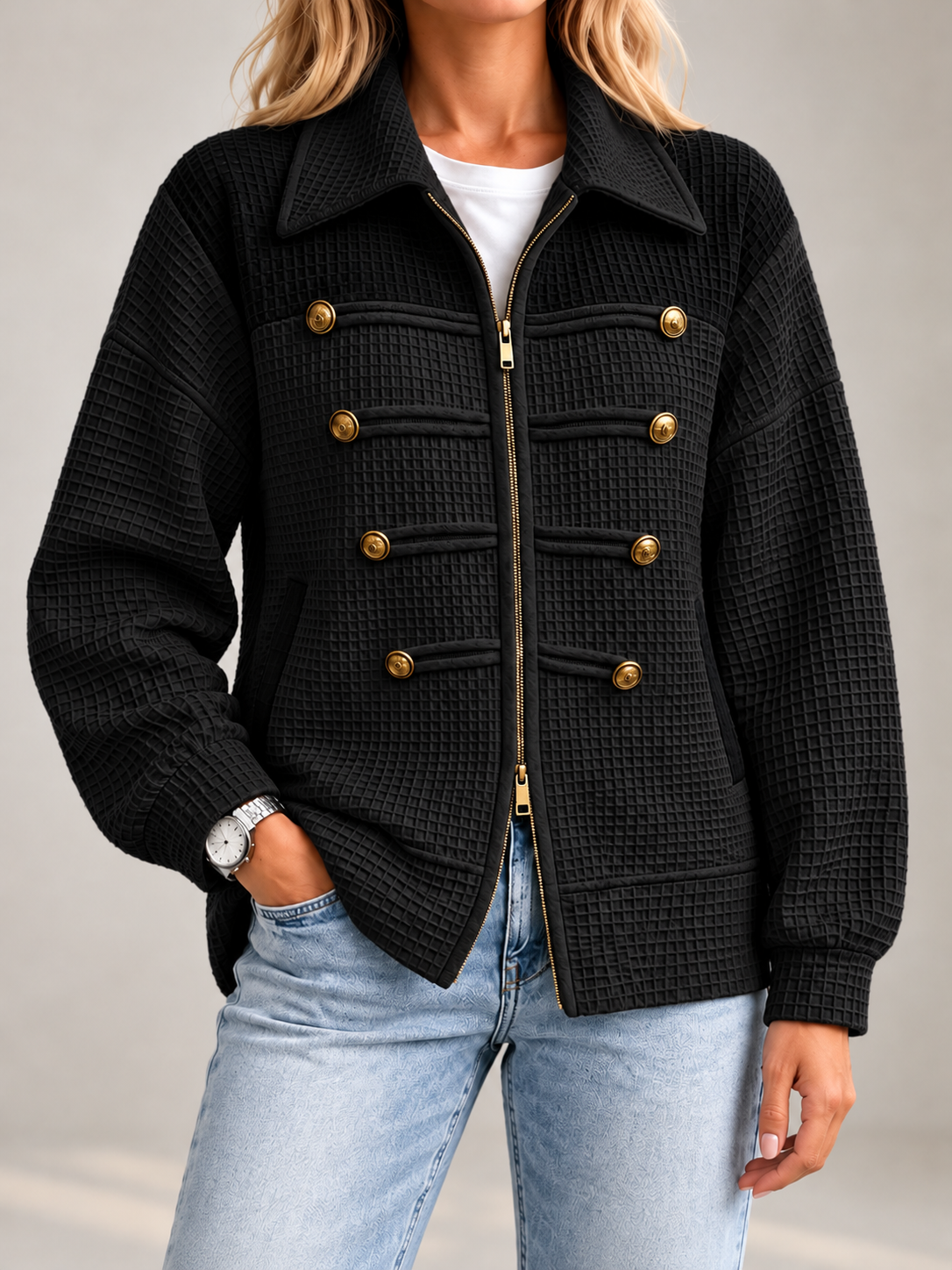 Women's Waffle Knit Military Jacket | Zip Front, Button Detail