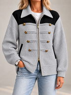 Women's Waffle Knit Military Jacket | Zip Front, Button Detail