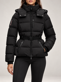 Women's Belted Ski Puffer Jacket | Stand Collar, Detachable Hood
