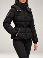Women's Belted Ski Puffer Jacket | Stand Collar, Detachable Hood