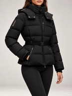 Women's Belted Ski Puffer Jacket | Stand Collar, Detachable Hood