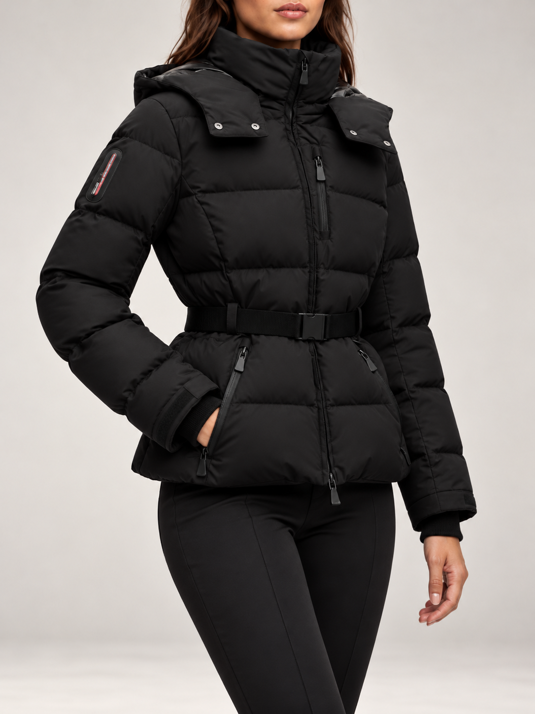 Women's Belted Ski Puffer Jacket | Stand Collar, Detachable Hood