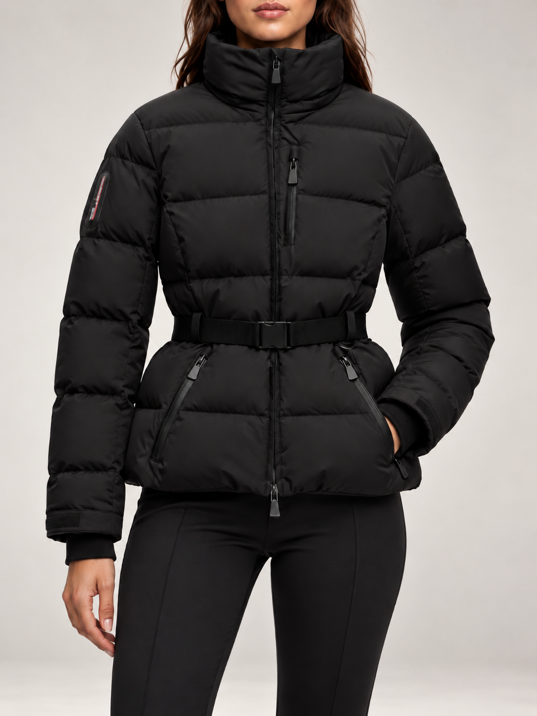 Women's Belted Ski Puffer Jacket | Stand Collar, Detachable Hood