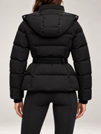 Women's Belted Ski Puffer Jacket | Stand Collar, Detachable Hood