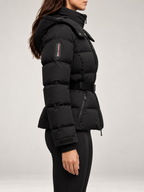 Women's Belted Ski Puffer Jacket | Stand Collar, Detachable Hood