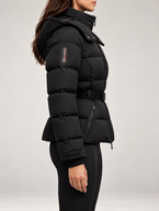 Women's Belted Ski Puffer Jacket | Stand Collar, Detachable Hood
