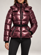 Women's Belted Ski Puffer Jacket | Stand Collar, Detachable Hood