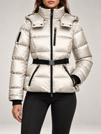 Women's Belted Ski Puffer Jacket | Stand Collar, Detachable Hood