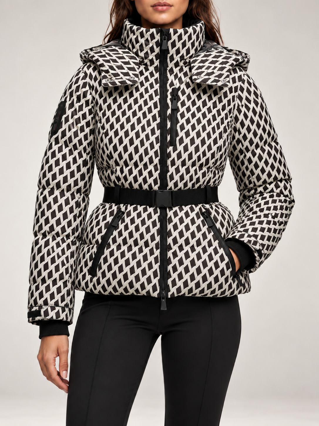 Women's Belted Ski Puffer Jacket | Stand Collar, Detachable Hood
