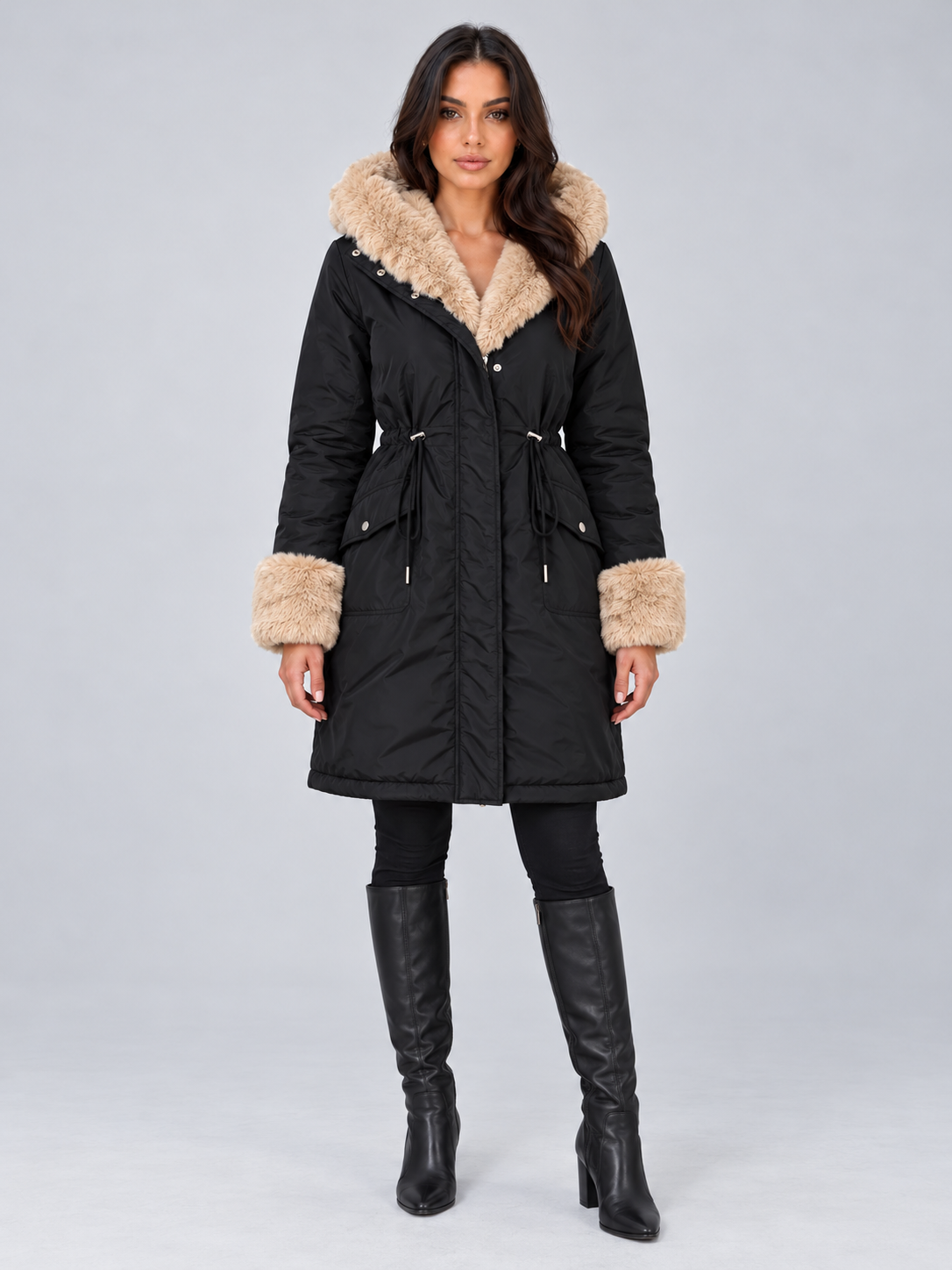 Women's Faux Fur Trim Hooded Parka | Drawstring Waist, Fur Cuffs