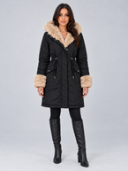 Women's Faux Fur Trim Hooded Parka | Drawstring Waist, Fur Cuffs