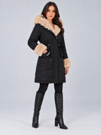 Women's Faux Fur Trim Hooded Parka | Drawstring Waist, Fur Cuffs