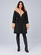 Women's Faux Fur Trim Hooded Parka | Drawstring Waist, Fur Cuffs