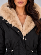 Women's Faux Fur Trim Hooded Parka | Drawstring Waist, Fur Cuffs