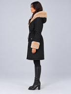 Women's Faux Fur Trim Hooded Parka | Drawstring Waist, Fur Cuffs