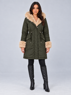 Women's Faux Fur Trim Hooded Parka | Drawstring Waist, Fur Cuffs