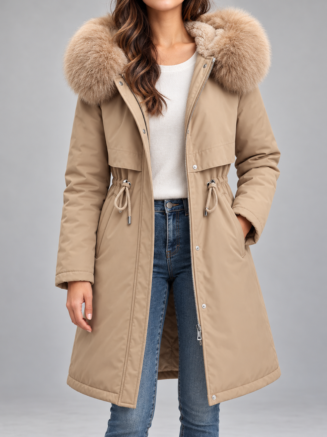 Women's Faux Fur Hood Padded Parka | Fleece Lined, Drawstring Waist