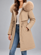 Women's Faux Fur Hood Padded Parka | Fleece Lined, Drawstring Waist