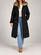 Women's Longline Hooded Puffer Coat | Faux Fur Trim Hood, Flap Pockets