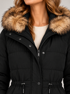 Women's Longline Hooded Puffer Coat | Faux Fur Trim Hood, Flap Pockets