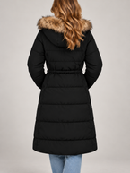 Women's Longline Hooded Puffer Coat | Faux Fur Trim Hood, Flap Pockets