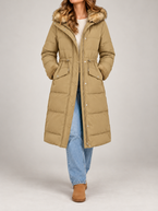 Women's Longline Hooded Puffer Coat | Faux Fur Trim Hood, Flap Pockets