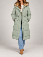 Women's Longline Hooded Puffer Coat | Faux Fur Trim Hood, Flap Pockets