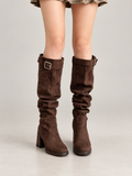 Women's Faux Suede Slouch Knee Boots | Block Heel, Buckle Strap