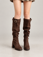 Women's Faux Suede Slouch Knee Boots | Block Heel, Buckle Strap