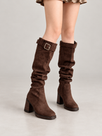 Women's Faux Suede Slouch Knee Boots | Block Heel, Buckle Strap