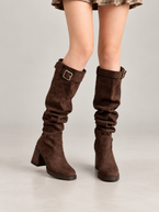 Women's Faux Suede Slouch Knee Boots | Block Heel, Buckle Strap