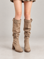 Women's Faux Suede Slouch Knee Boots | Block Heel, Buckle Strap