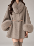 Women's Faux Fur Collar Cape Coat | Wool-Blend, Belted, Fur Cuffs