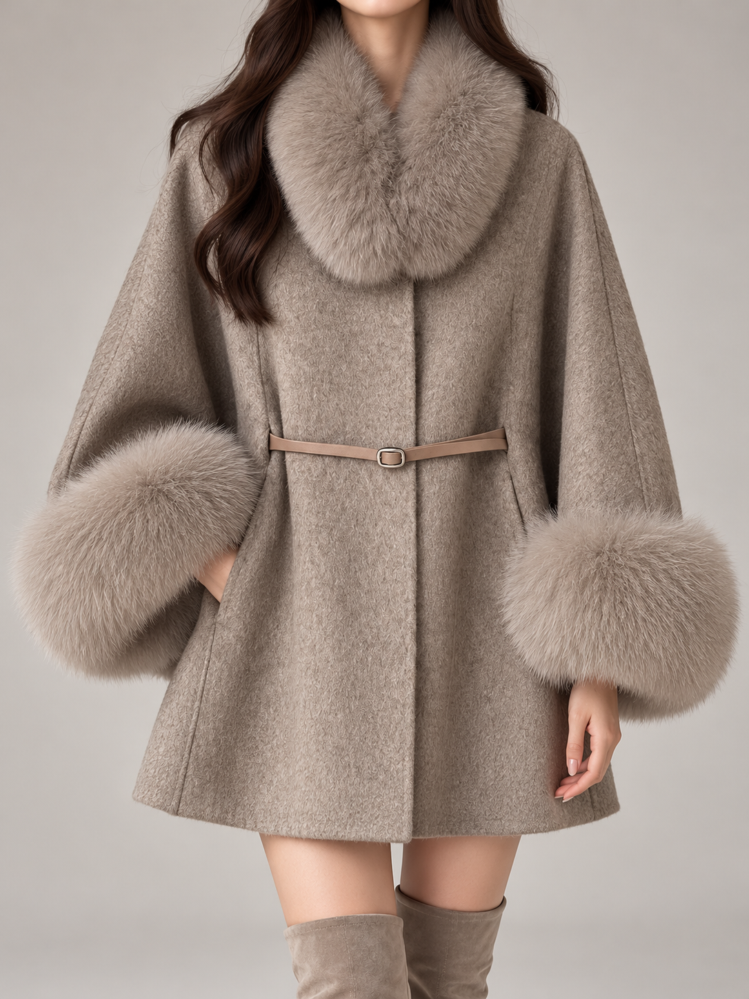 Women's Faux Fur Collar Cape Coat | Wool-Blend, Belted, Fur Cuffs