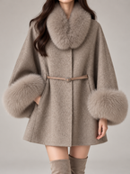 Women's Faux Fur Collar Cape Coat | Wool-Blend, Belted, Fur Cuffs