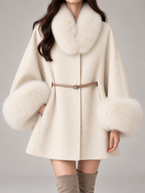 Women's Faux Fur Collar Cape Coat | Wool-Blend, Belted, Fur Cuffs